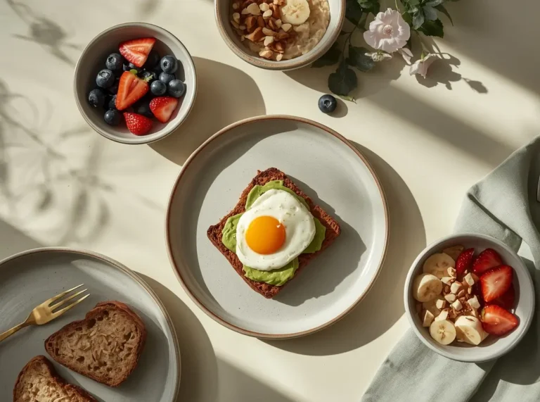 Healthy breakfast ideas with avocado and egg toast, oatmeal, yogurt, and fresh fruit