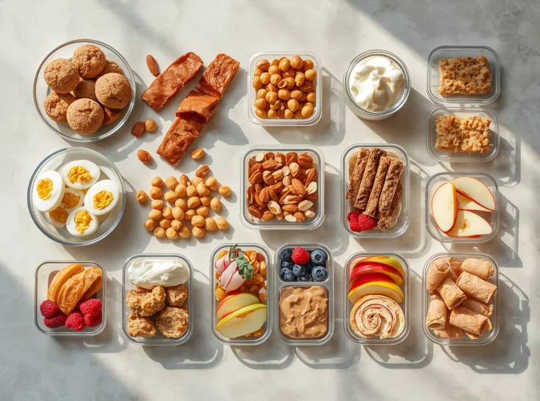 Healthy portable high-protein snacks with yogurt, eggs, nuts and fruit