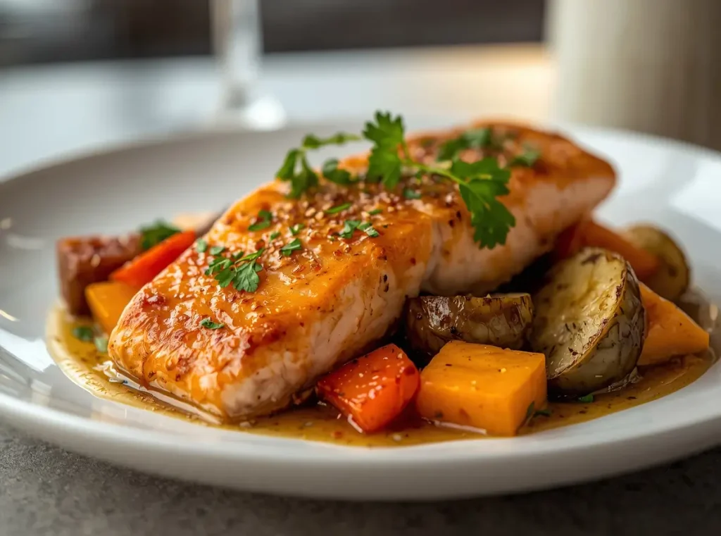 Professional food photography of  Honey Garlic Salmon with Roasted Vegetables beautifully plated and styled for a premium recipe blog, fresh and appetizing ingredients, realistic textures, vibrant natural colors, clean elegant plate presentation, soft natural lighting, modern kitchen or dining table background, high-protein healthy meal, appetizing composition, shallow depth of field, photorealistic, ultra-detailed, high quality, no people, no text, no logo.